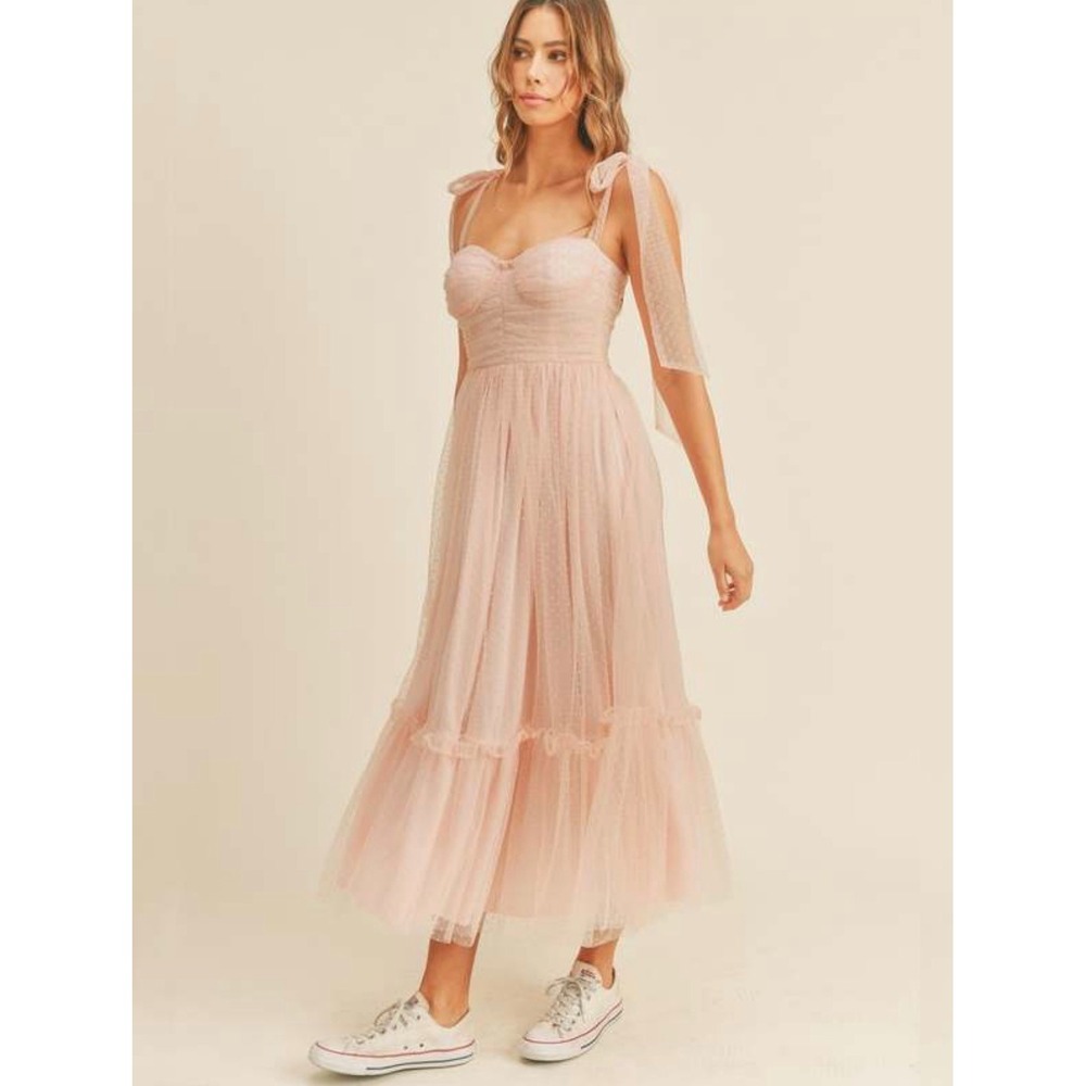 Mable Pink Swiss Dot Tulle Midi Dress Small MD3362 Tie Shoulder Bustier Bust